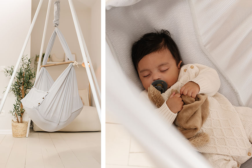 Collage. Left: Swinging Hammock in a stand. Right: Baby sleeping